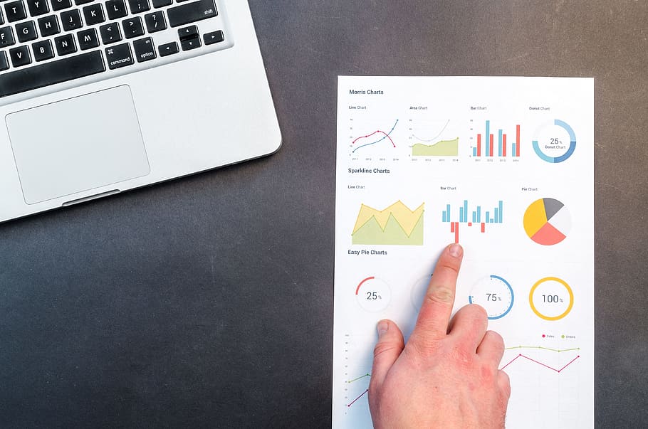 Person Pointing On Paper, charts, computer, data, desk, document HD wallpaper