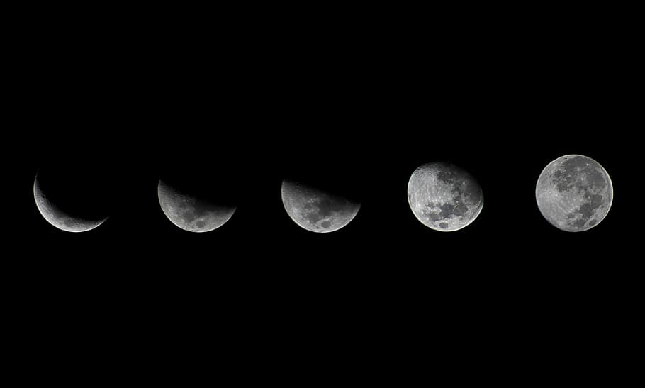 Moon Project, five faces of moon, full moon, half moon, dark, HD wallpaper