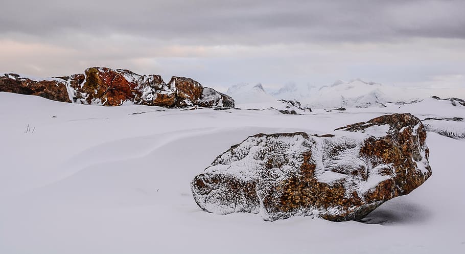 stone, snow, cloudy, rock, winter, nature, outdoor, landscape HD wallpaper