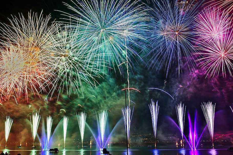 assorted-color fireworks illustration, landscape photography of fireworks during nighttime HD wallpaper