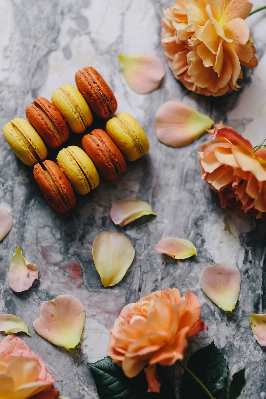 Overhead view of macarons on a marble slab, roses, yellow, sweet