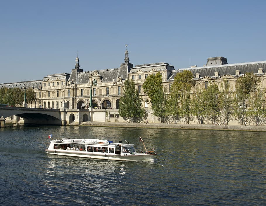 white boat on body of water, excursion boat, seine, river, louvre HD wallpaper