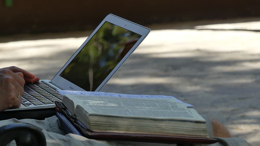bible, laptop, computer, object, christ, human hand, one person HD wallpaper