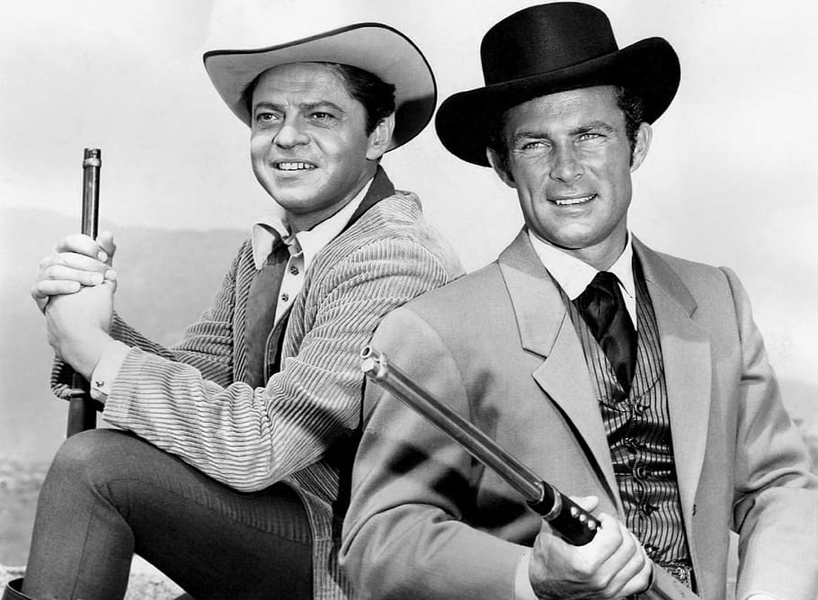 grayscale photo of two man holding rifle, ross martin, robert conrad
