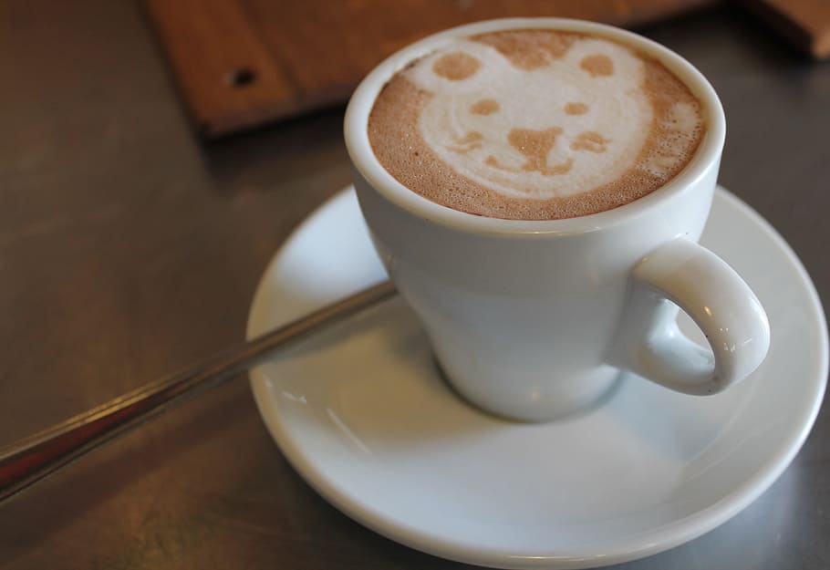 coffee, bear face, white cup, drink, beverage, food, coffee - drink HD wallpaper