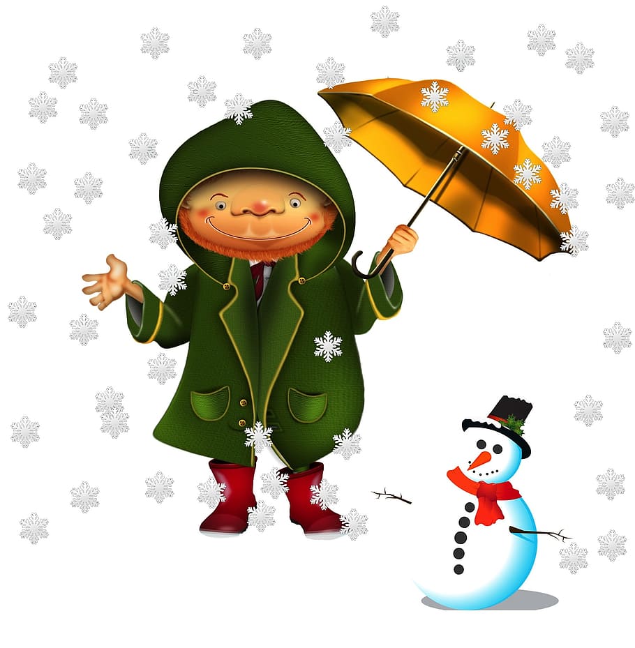 weather, snow, winter, cold, snowman, cartoon, character, umbrella HD wallpaper