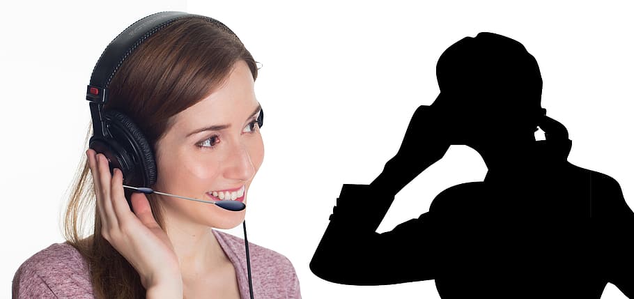 woman wearing headset call center agent, service, consulting