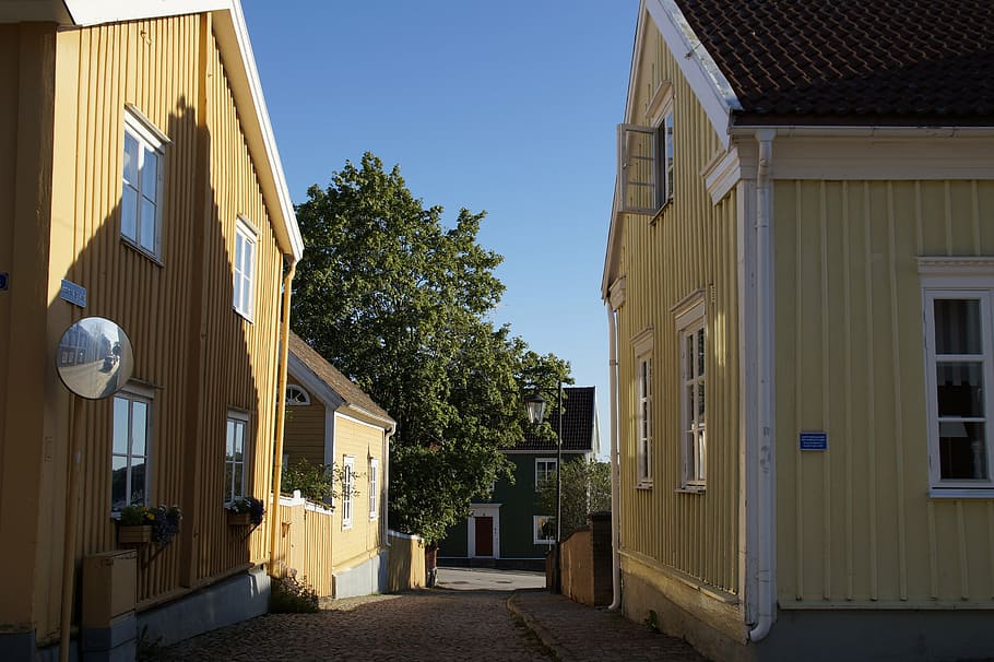 vimmerby, smaland, sweden, city, road train, wooden houses