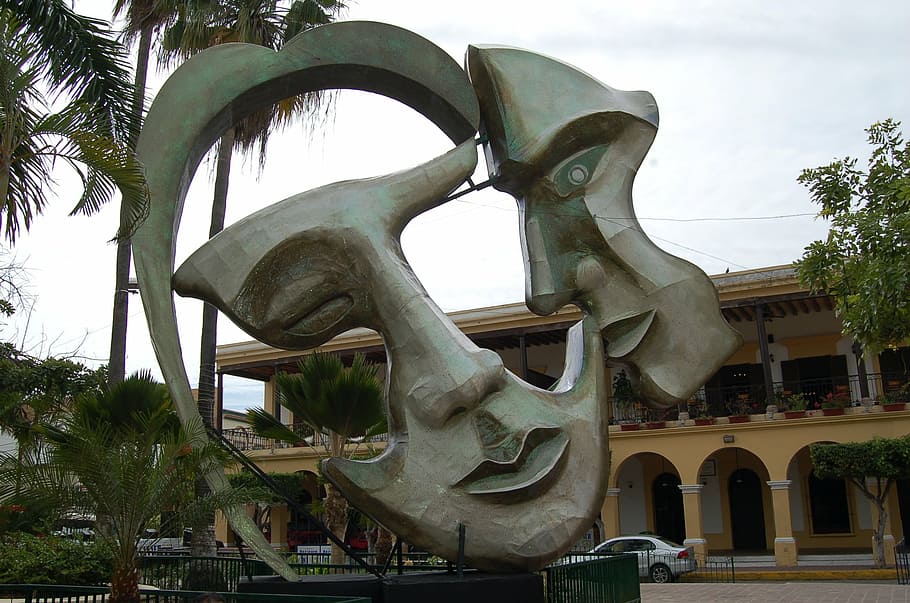 face structure near building, two face, statue, artwork, mexico HD wallpaper