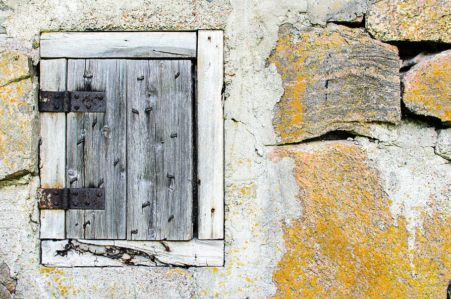 grey wooden window on concrete wall, closed gray wooden window HD wallpaper