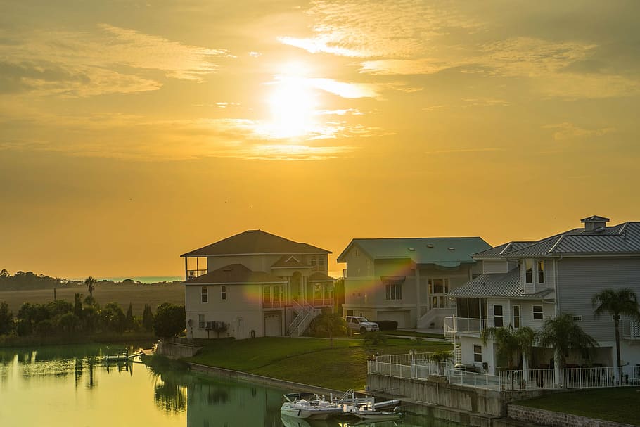 sunset, florida, canal, rainbow, architecture, water, beautiful HD wallpaper