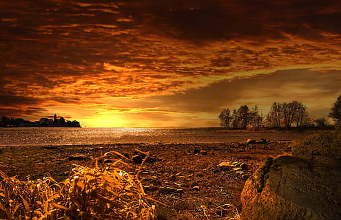 sky, sunset, clouds, field, calm, dry, farm, golden hour, nature photography HD wallpaper