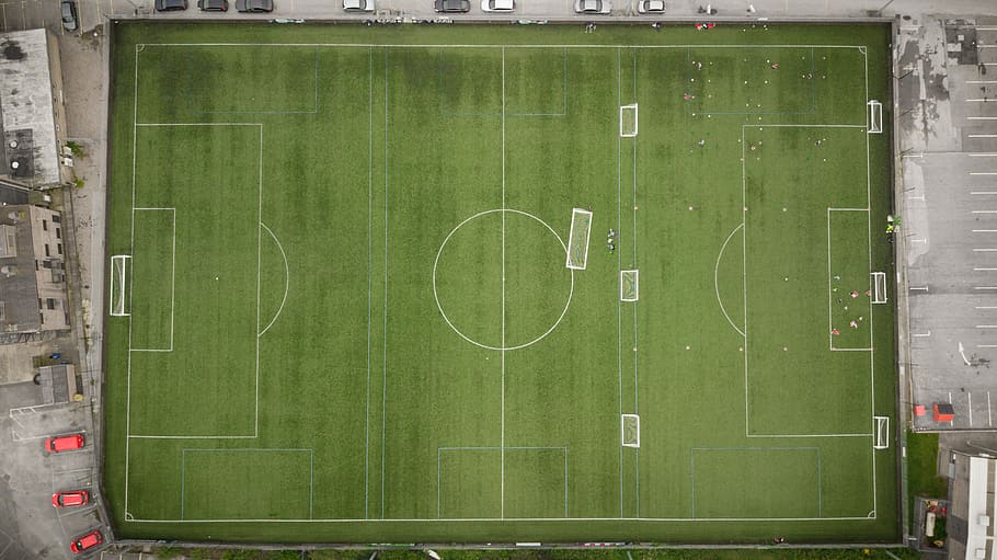 HD wallpaper: bird's eye view of soccer field, aerial photography of football field - Wallpaper Flare