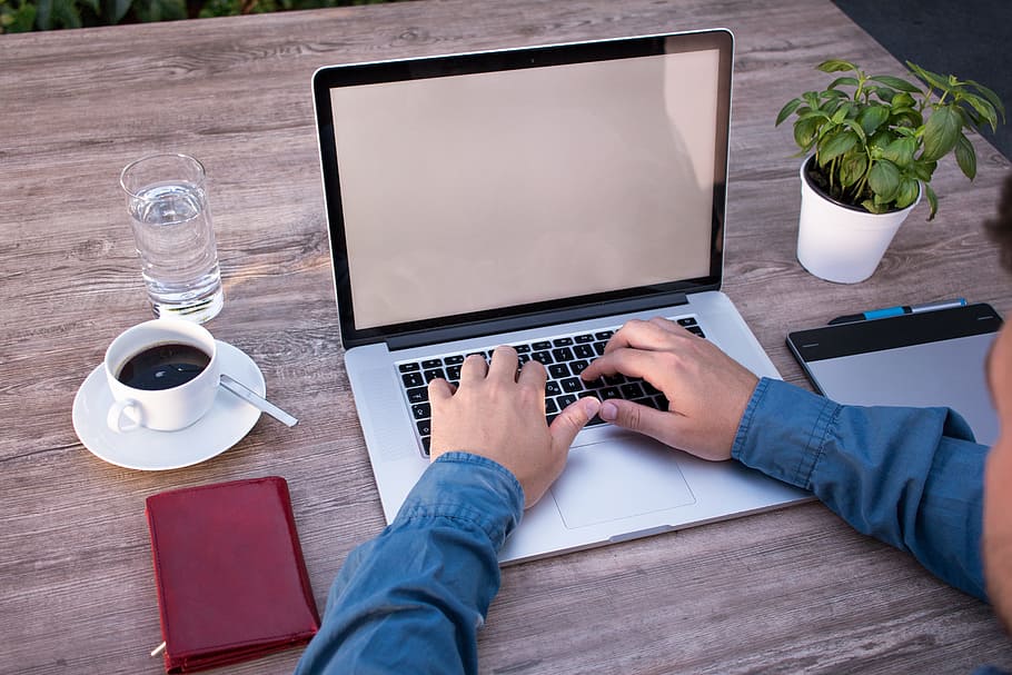 person using MacBook Pro near cup wallet and green plant on table HD wallpaper