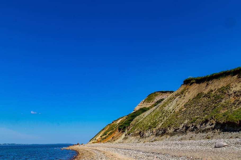he dune, cliff, beach, sky, sea, natural, danish beach, blue, HD wallpaper