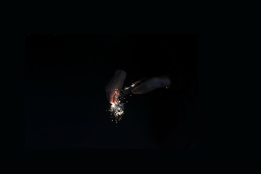 dark, hands, light, spark, underwater, black background, swimming HD wallpaper