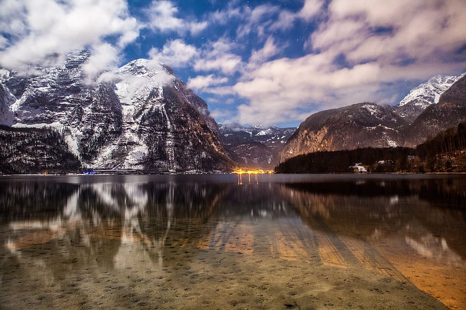 mountain with reflection on water, hallstatt, austria, landscape HD wallpaper