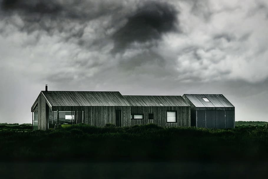 grayscale photo of wooden barn, gray wooden house under white and black cloudy sky HD wallpaper