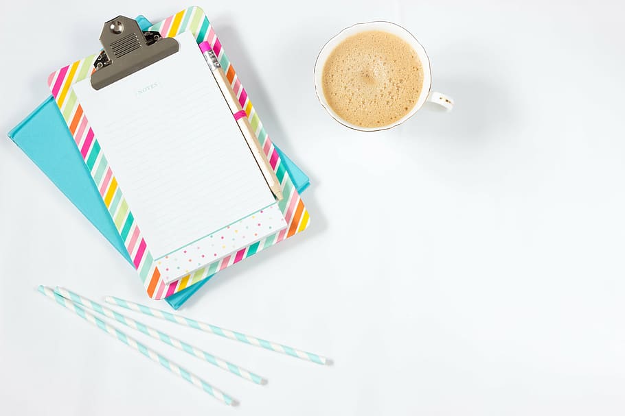 white coffee cup on white surface, notebook, work desk, color HD wallpaper