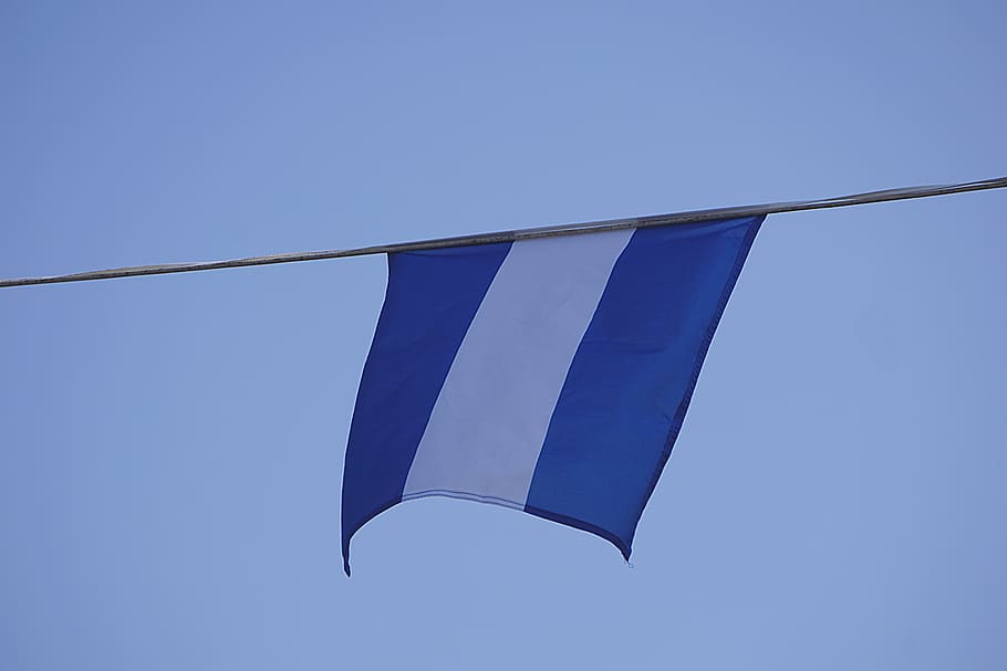 flag, blue, white, cable, hung, sky, clear sky, low angle view HD wallpaper