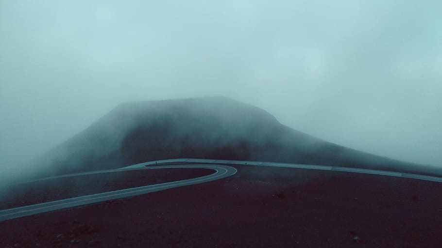 concrete road near mountain during foggy weather, untitled, curvy