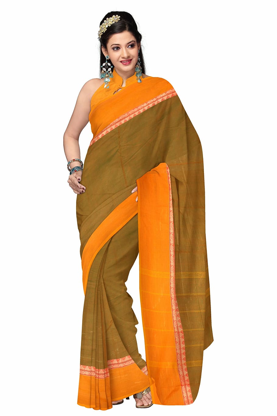 women's brown and orange ddress, saree, fashion, silk, woman, HD wallpaper