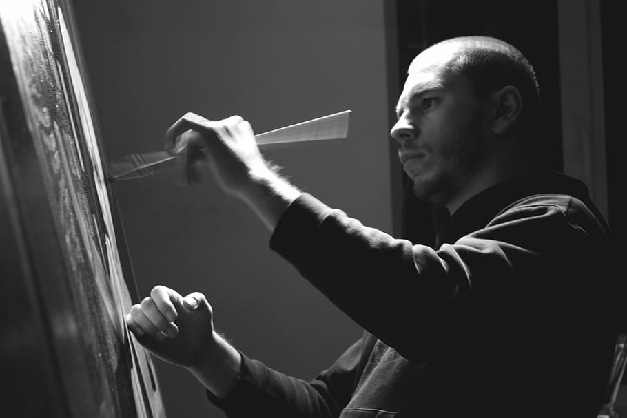 grey scale photo of man painting, nikita shalenny, painter, ukranian, HD wallpaper