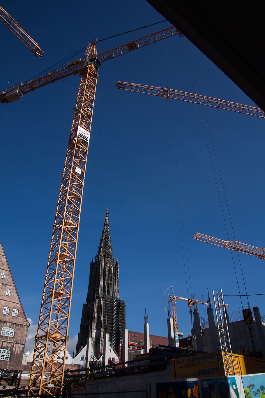 Cranes, Sky, Blue, Construction, site, münster, ulm cathedral HD wallpaper