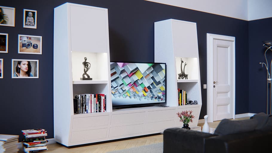 flat screen TV on modern entertainment center, living wall, furniture, HD wallpaper