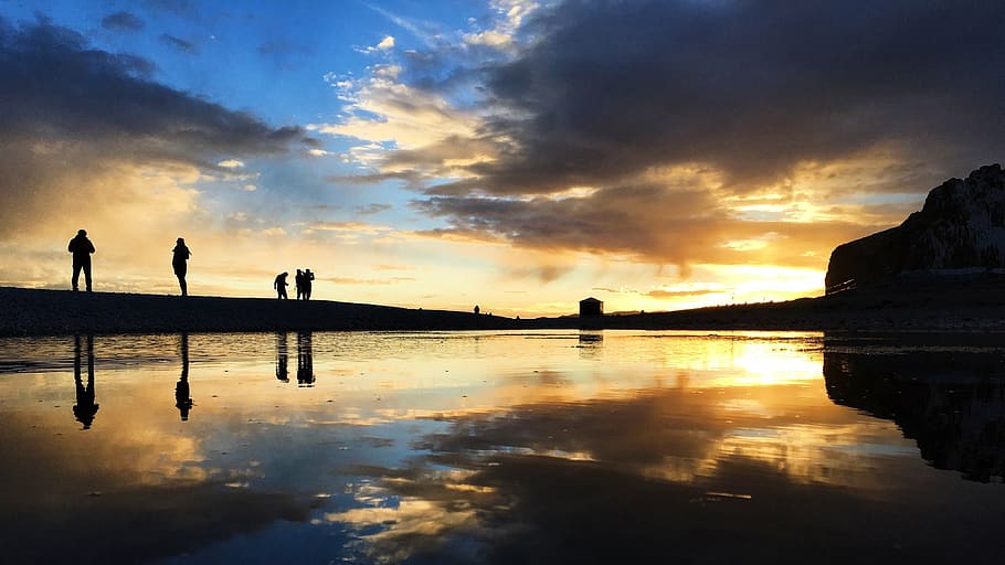 the crowd, sunset, lake, reflection, silhouette, water, cloud - sky HD wallpaper