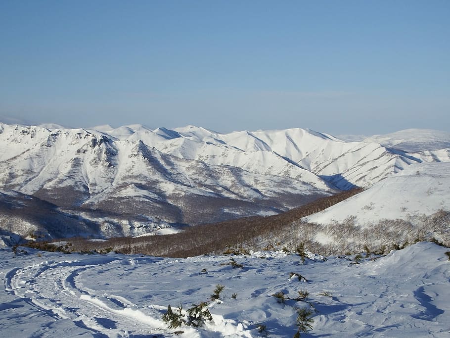 Mountains, Ridge, View, Highlands, winter, snow, snowdrifts HD wallpaper