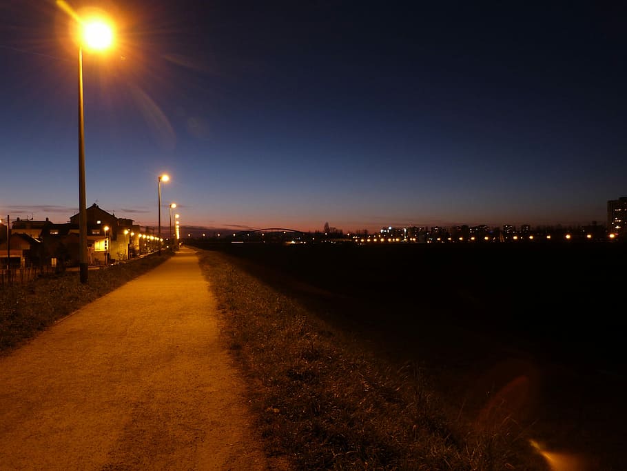 Sunset, Evening, City, Lights, Walk, illuminated, night, street light HD wallpaper