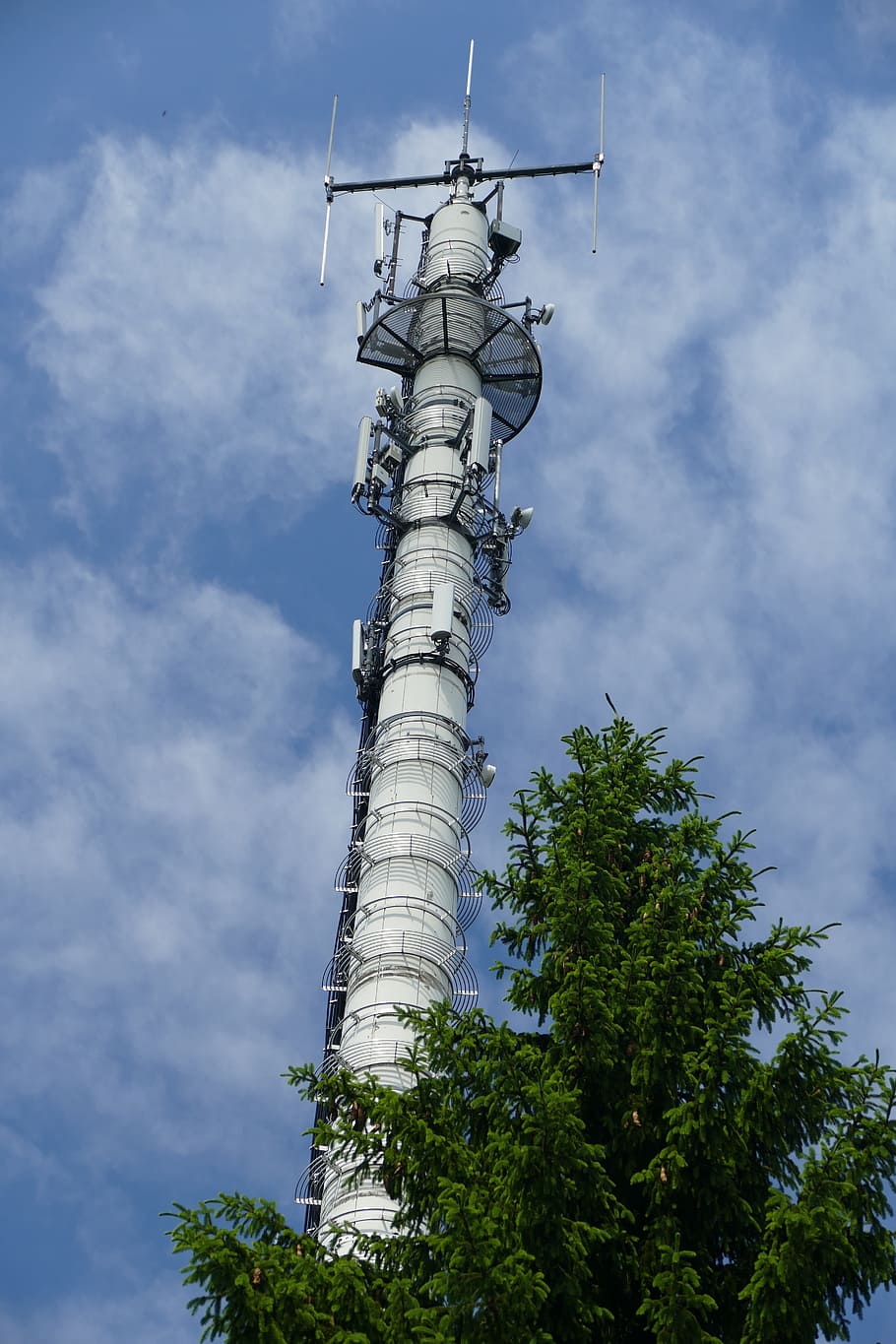 Radio Tower, Clouds, cloudiness, blue, sky, forest, tree, spruce HD wallpaper