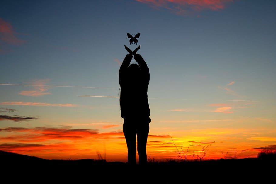 sunset, girl, shadow, butterfly, sky, cloud, red, silhouette
