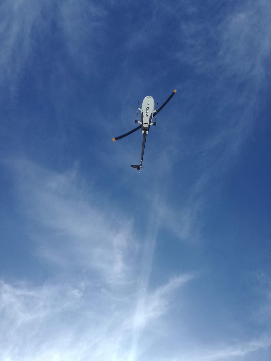 helicopter, sky, flight, plane, clouds, air, mountains, flying HD wallpaper