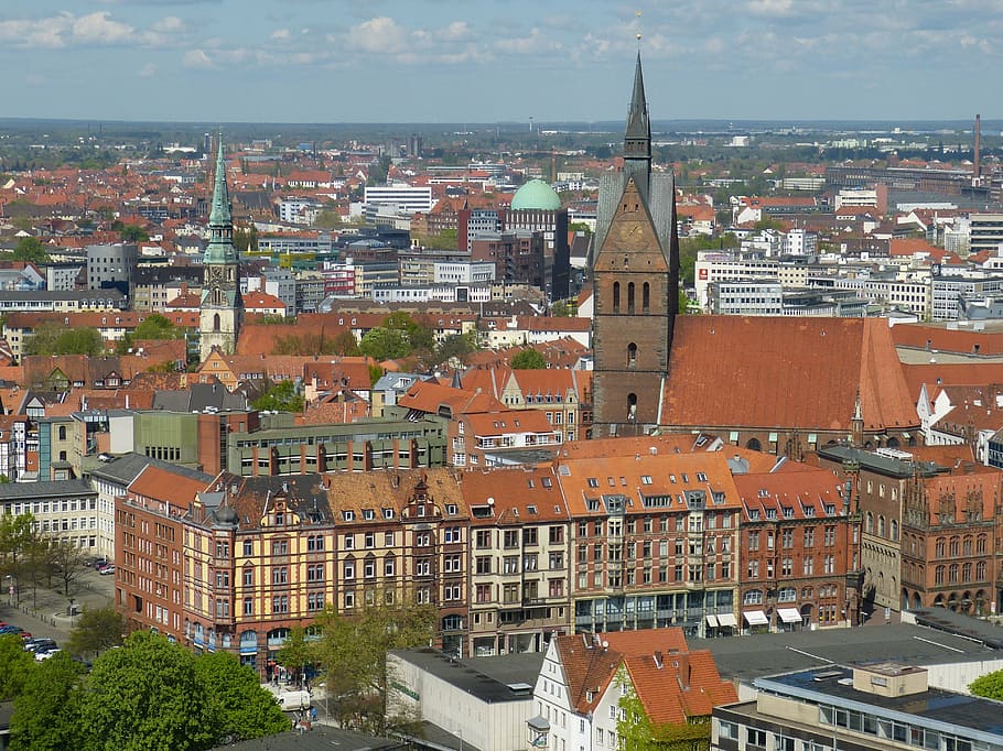 aerial photography of buildings, hanover, lower saxony, town hall, HD wallpaper