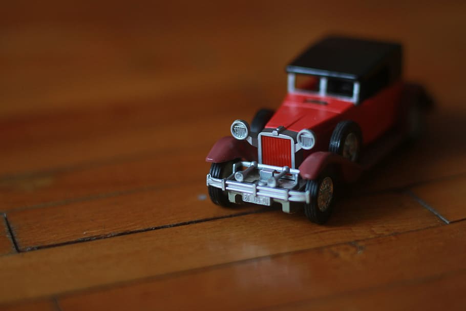 car, hipster, model, old car, red car, toy, wood, toy car, no people