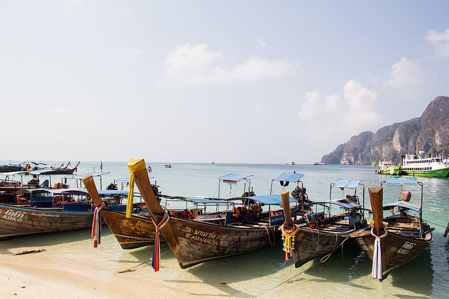 sea, sky, beach, sand, boats, clouds, coast, daylight, dock, fishing boat HD wallpaper