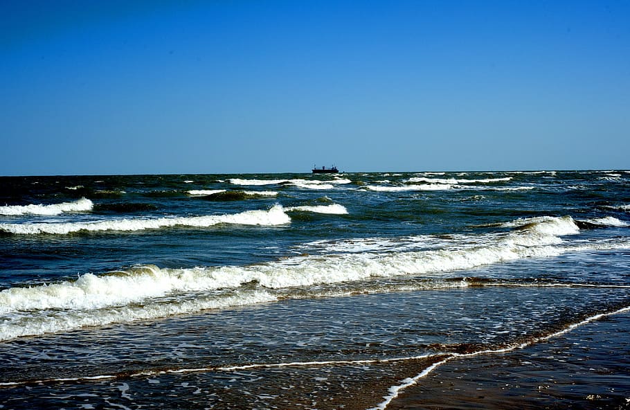 Waves, Beach, Spray, the waves, sea, blue, clear sky, nature HD wallpaper