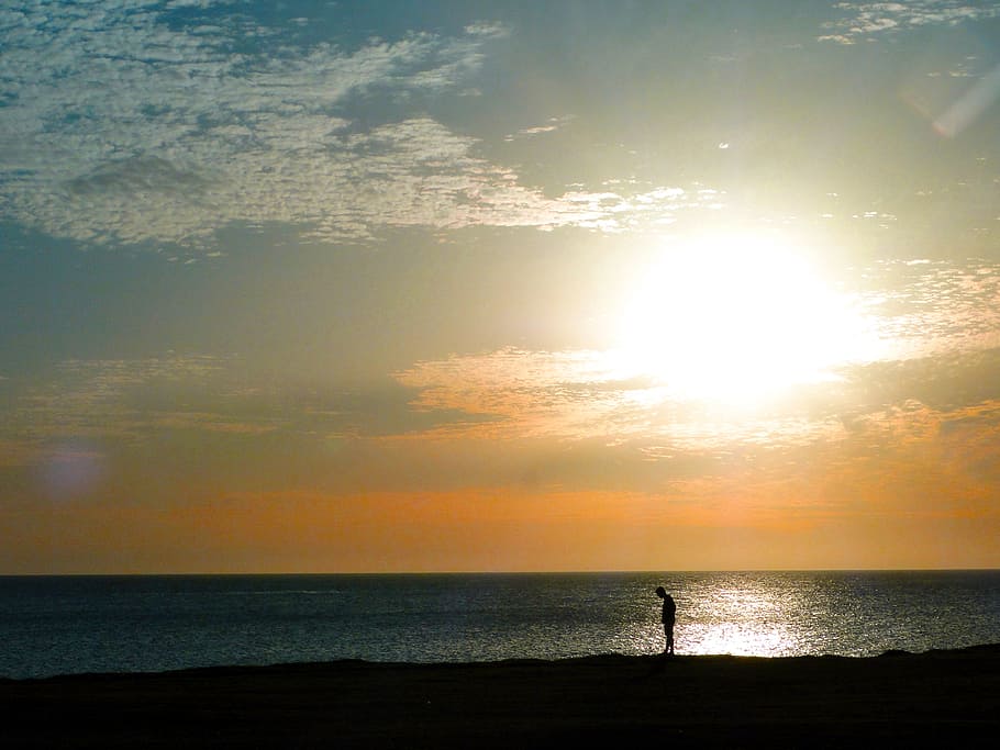 sunset, sky, crop, person, loneliness, sea, water, scenics - nature HD wallpaper
