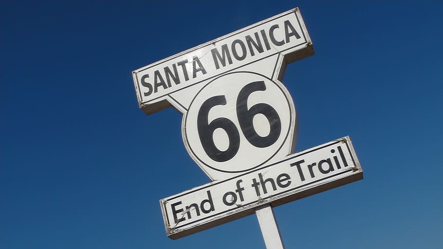 santa monica, route 66, shield, end of the trail, sign, number, HD wallpaper