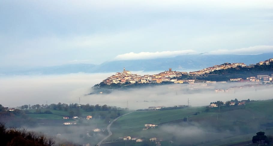 mountain, clouds, mist, fog, landscape, italy, cloudy, weather HD wallpaper