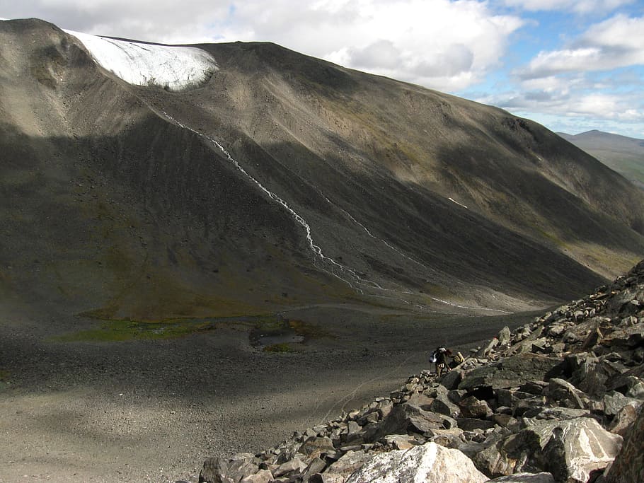 Sweden, Landscape, Clouds, sky, mountains, snow, riverbed, rocks HD wallpaper