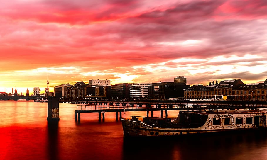golden hour photography of buildings and boat, berlin, germany HD wallpaper