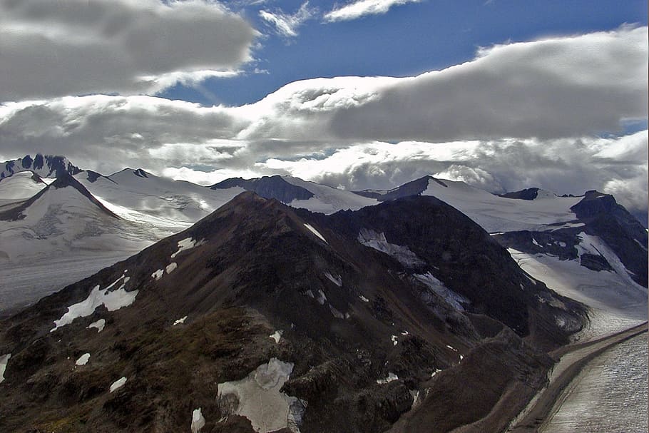 mountains, snow, sky, clouds, snowy, peak, rock, scenery, yukon territory