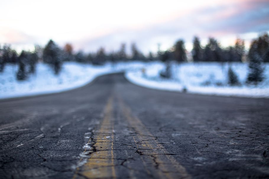 tilt shift photo of gray concrete road, black asphalt road, snow HD wallpaper