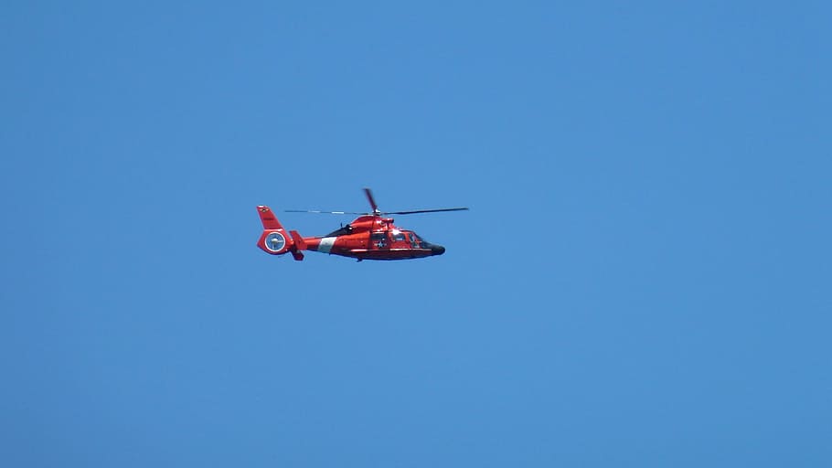 sky, helicopter, red, fly, air vehicle, flying, blue, transportation HD wallpaper