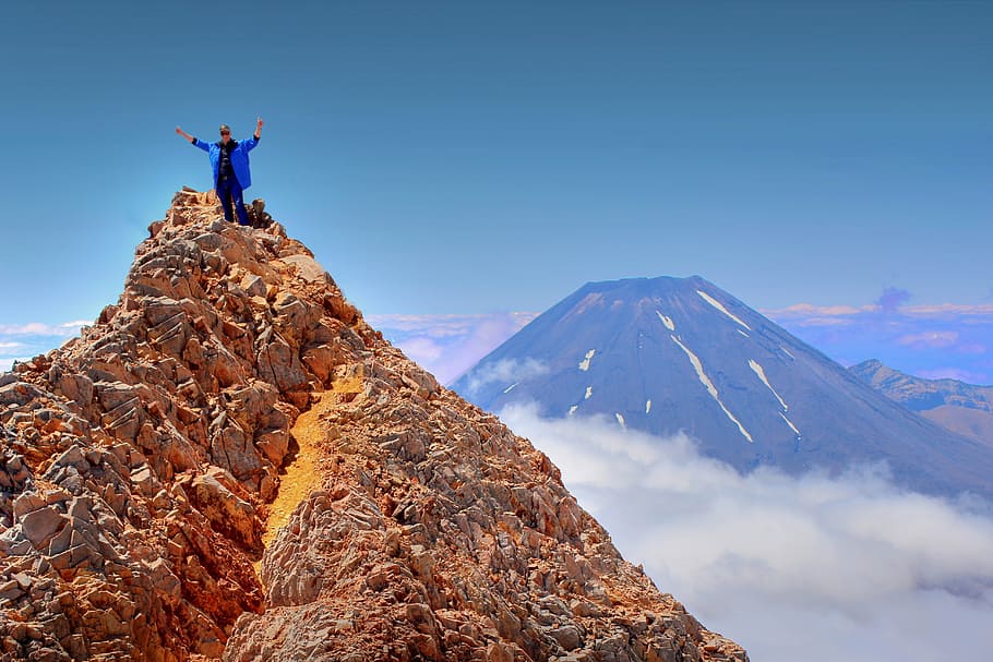 person standing on brown rock, Mount, Ruapehu, Mountains, New Zealand, HD wallpaper