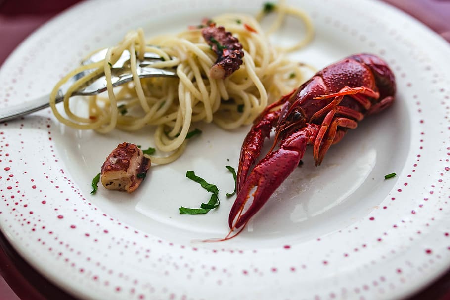 Fancy dinner with seafood pasta, crayfish and red wine by the table decorated with roses HD wallpaper