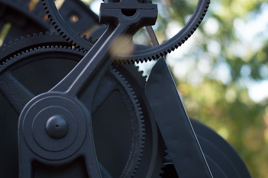 black gear, close-up photo of pinion gear, machine, metal, engineering HD wallpaper